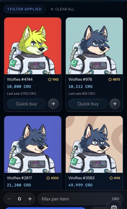 The image shows a marketplace listing featuring four NFT wolf astronaut characters ("Wolfies") with prices ranging from 10,000 to 49,999 CRO, including "Wolfies #4744" at 10,000 CRO, "Wolfies #976" at 10,212 CRO, "Wolfies #2817" at 21,200 CRO, and "Wolfies #3583" at 49,999 CRO. The listing demonstrates how a single purchase helped raise the floor price of the Wolfienaut NFT collection from 5k to 10k CRO, as mentioned in the post.