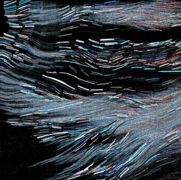The image features a black background with white lines that appear to be flowing or curling, creating an abstract art style. The lines are scattered throughout the frame, giving the impression of movement and energy. There is no discernible text present in the image, but there is a caption at the bottom which reads "@williamapan ✧ objkt.com/users/tz1eJF2r ... ▼ Boxed entity #506". The focus on this image seems to be on the abstract art style and its connection to the post.