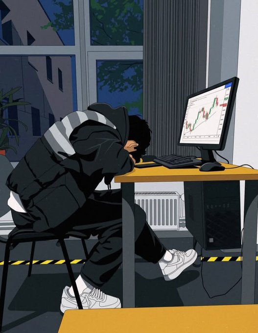 An anime-style illustration of a person in dark clothing slumped over a desk with their head down in front of a computer monitor displaying a stock trading chart with red and green candles.