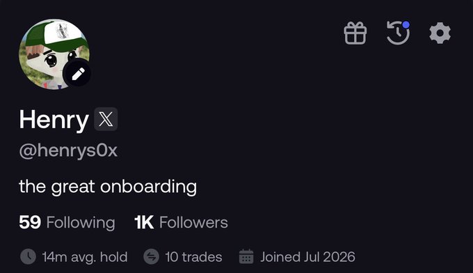The image shows Henry's (@henrys0x) FOMO profile displaying "the great onboarding" as the bio, along with stats showing 59 Following and **1K Followers**, celebrating the milestone referenced in the post.