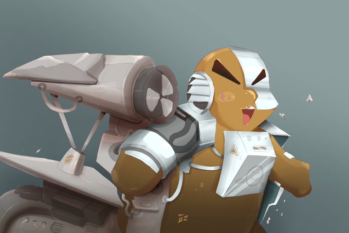 Stylized digital illustration of an armored character with a helmet and orange face, smiling broadly in front of a mechanical jetpack or cannon against a teal background.