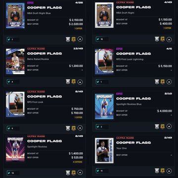 A dark-themed grid marketplace interface showing multiple listings for 'COOPER FLAGG' items including Action Figure, Rookie Card, Spotlight Rookie, RPS Red Luxe Lightning, Spotlight Rookies Blue, and Tier One, with varying 'BID NOW' prices like $2,350.00, $1,500.00, and $4,000.00.