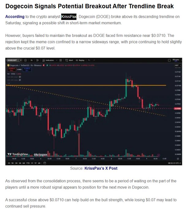 A TradingView price chart posted by KrissPax shows Dogecoin (DOGE) breaking above a descending trendline but facing resistance near $0.0710, with the article headlined "Dogecoin Signals Potential Breakout After Trendline Break." The image relates to the post by illustrating the technical setup that KrissPax had analyzed—though they clarify they did not explicitly predict a breakout, only that DOGE had been consolidating after testing this key resistance level.