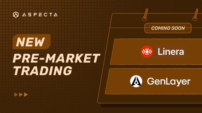 A promotional graphic from Aspecta announcing 'NEW PRE-MARKET TRADING' coming soon for Linera and GenLayer tokens.
