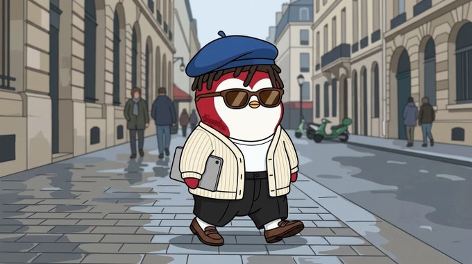 An animated illustration of a small red and white bird-like creature wearing a blue beret, sunglasses, and a cream cardigan, walking down a European-style cobblestone street.