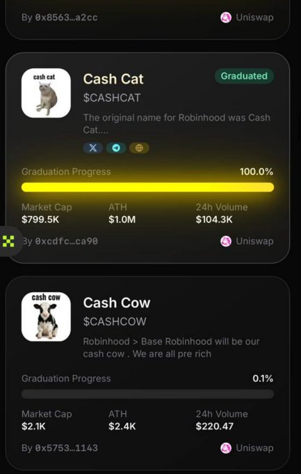 A crypto token listing interface showing 'Cash Cat $CASHCAT' graduated at 100% with $799.5K market cap, and 'Cash Cow $CASHCOW' at 0.1% graduation progress, both on Uniswap.