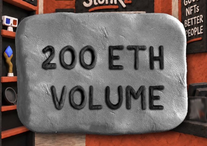A claymation-style 3D rendering of a gray sign reading '200 ETH VOLUME' with shelving and signs in the background.
