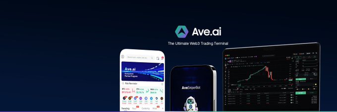 A promotional banner for Ave.ai, "The Ultimate Web3 Trading Terminal," displayed across smartphone and desktop screens alongside an AveAIBot mascot, visually showcasing the all-in-one research and trading ecosystem the post highlights.