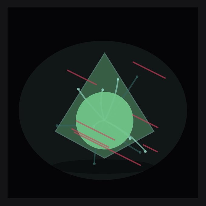 An abstract graphic displays a green sphere and triangle intersected by red lines and nodes against a dark background.
