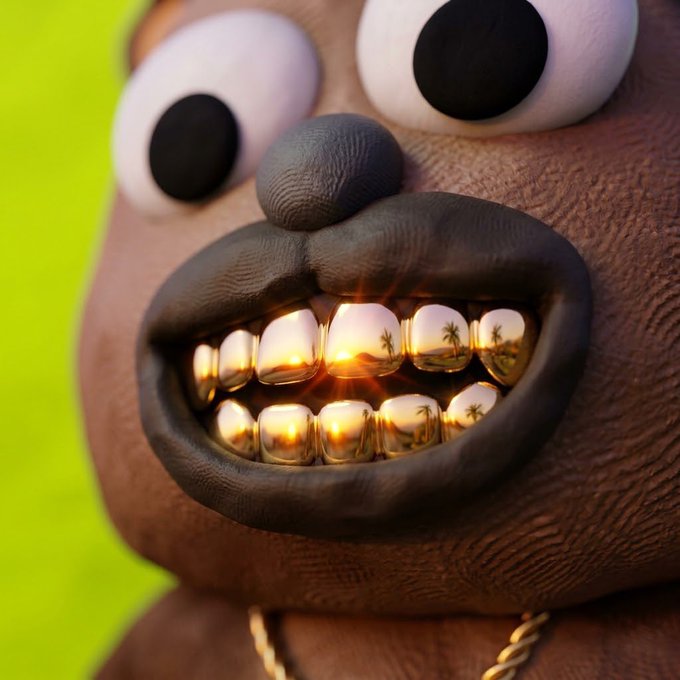 A close-up 3D-rendered image of a cartoonish character with a brown textured face, large eyes, and gold grills reflecting palm trees and a sunset on its teeth against a bright green background.