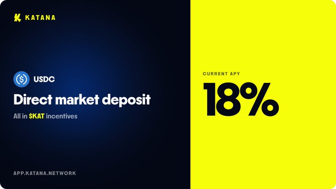 A Katana Network promotional banner advertises an 18% current APY for direct market deposits in USDC, with all incentives paid in $KAT tokens, directing users to app.katana.network. The bold "18%" headline and USDC branding directly reinforce the post's offer of earning 18% APY on USDC holdings.