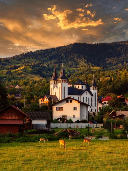 A picturesque village scene at sunset featuring a white church with multiple spires, surrounded by traditional houses and green hills, with several deer grazing in a sunlit meadow in the foreground.