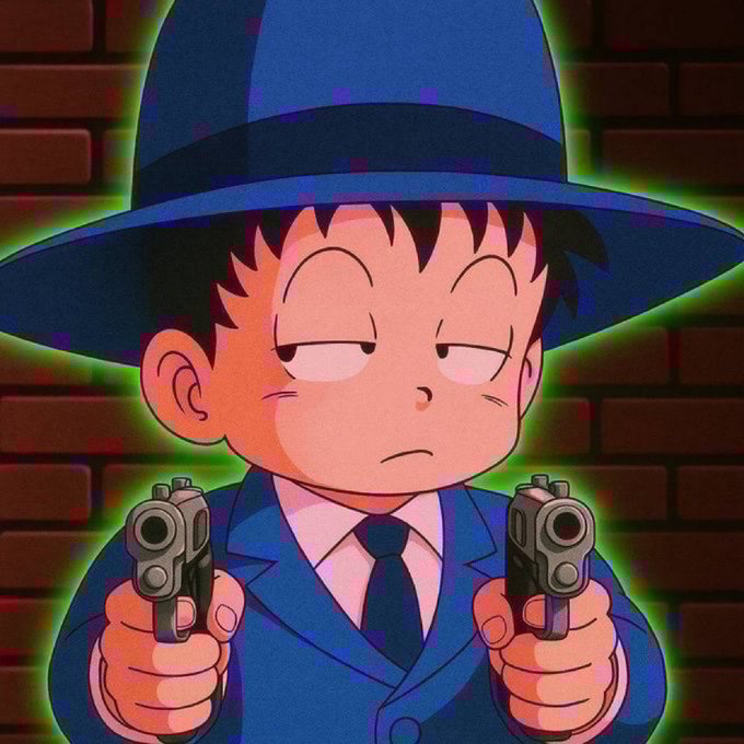 An anime-style illustration of a young boy in a blue suit and large fedora hat holding two pistols, surrounded by a glowing green aura against a brick wall background.
