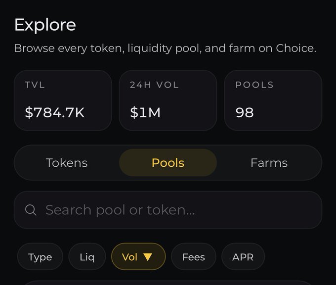 A dark-themed UI screen for 'Explore' displaying crypto stats: TVL $784.7K, 24H Vol $1M, 98 Pools, with tabs for Tokens, Pools, and Farms.