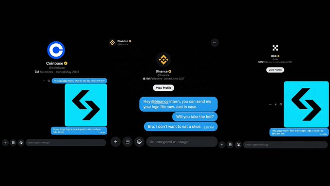 The image shows a humorous three-panel social media thread depicting a "Binance Intern" account (15.1M followers) DM-ing Coinbase (@coinbase, 7M followers) and OKX (@okx, 5.7M followers) with messages like "Hey @binance intern, you can send me your logo file now. Just in case. Will you take the bet?" and "Bro, I don't want to bet a shoe. 😭🙏" The accompanying post jokes about the intern sending cold DMs to major exchanges like @binance, @okx, and @coinbase in a desperate attempt to "save himself" from a bet involving a shoe, with the logo file exchange shown in the image serving as the punchline to his outreach.