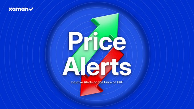 A promotional graphic with a blue circular background featuring green and red up and down arrows behind the text 'Price Alerts - Intuitive Alerts on the Price of XRP' with the 'xaman' logo in the top left corner.