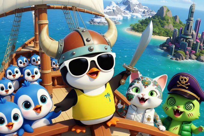 A cartoon penguin wearing a Viking helmet and sunglasses stands on a ship deck holding a sword, surrounded by other penguins and colorful cats with a futuristic island city in the background.