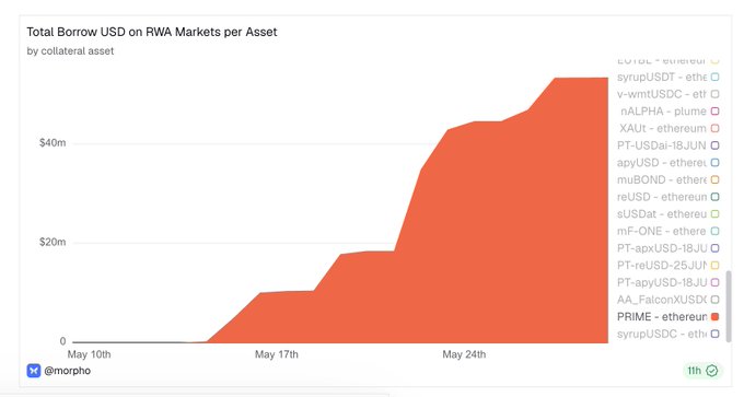 The image features a graph on a website showing the total amount of money lent against RWA (Richest Loans Against Risk). The x-axis displays months starting from May through June, while the y-axis shows $50 million for each month. A red line is present in the bar chart representing the total loans for the given period. The title indicates that this graph represents how much money has been lent against RWA by collected assets over time, with a focus on the months of May and June.