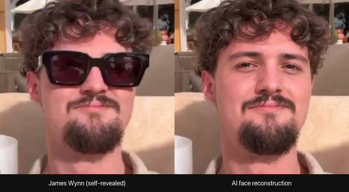 The image shows two photos of a man wearing sunglasses with curly hair. The first photo features him wearing the sunglasses, while the second photo shows him without them. Both photos show the same person's face, but the sunglasses are removed from one of the images.