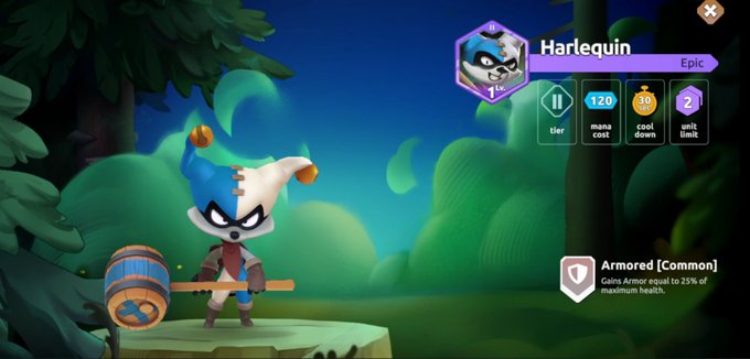 The image features a character named Harlequin, who is an armored character with a giant hammer. The character is standing in front of a forest setting, which includes trees and other elements typical of a forest environment. The character's armor is described as durable and able to absorb plenty of damage, suggesting that the character has a strong defense mechanism. Additionally, the character gains rewards from completing tasks or challenges within the game world. In this case, the image shows Harlequin in an expert mode, which implies that they have achieved a high level of skill or mastery in their abilities and are now able to take on more challenging tasks with confidence. The post also mentions that the character is armored, meaning that they possess a strong protective covering for their body.