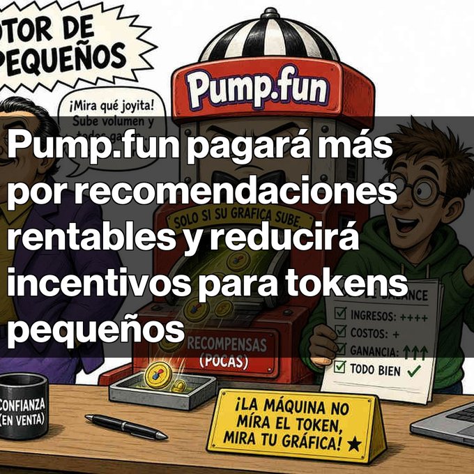 A Spanish-language infographic about Pump.fun states it will pay more for profitable recommendations and reduce incentives for small tokens, featuring cartoon characters and a gumball-style token dispenser.