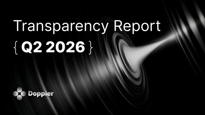 A dark cover graphic featuring swirling white light streaks displays the text "Transparency Report { Q2 2026 }" along with the Doppler logo in the bottom left. The image serves as a title card for Doppler Finance's Q2 2026 Transparency Report, visually reinforcing the post's message about the newly released report.