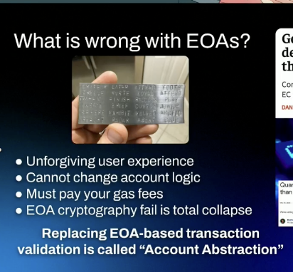 A presentation slide titled 'What is wrong with EOAs?' featuring a photo of a metal recovery seed phrase plate, with bullet points listing issues like 'Unforgiving user experience', 'Cannot change account logic', 'Must pay your gas fees', and 'EOA cryptography fail is total collapse', with mention of 'Account Abstraction' at the bottom.