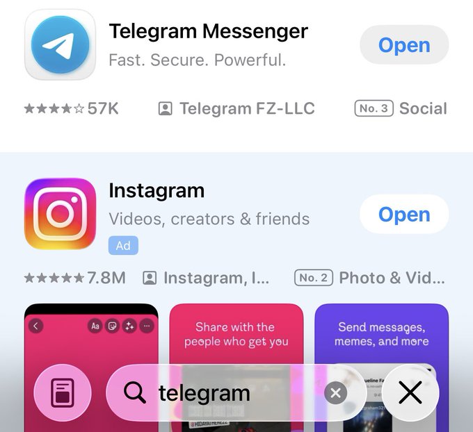 A mobile app store search results page showing 'Telegram Messenger' and 'Instagram' with 'Open' buttons, and a search bar at the bottom containing the word 'telegram'.