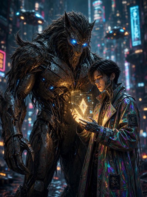 Digital art depicting a large menacing dark wolf-like mechanical creature with glowing blue eyes standing alongside a young person in an iridescent holographic jacket, set in a cyberpunk cityscape at night.
