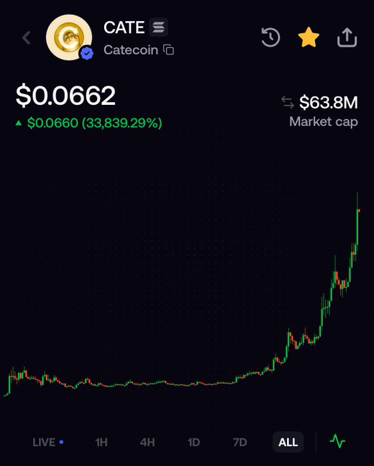 The image shows a price chart for CATE (Catecoin), a memecoin currently priced at $0.0662 with a $63.8M market cap and an astronomical 33,839.29% gain, visually capturing the explosive rally narrative of the post's "Memecoin Supercycle" headline.