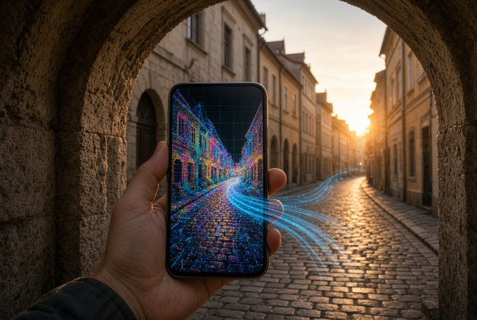 A hand holds a smartphone displaying a colorful, neon-lit cobblestone street scene, with blue light trails extending from the phone into a sunlit European street viewed through a stone archway.