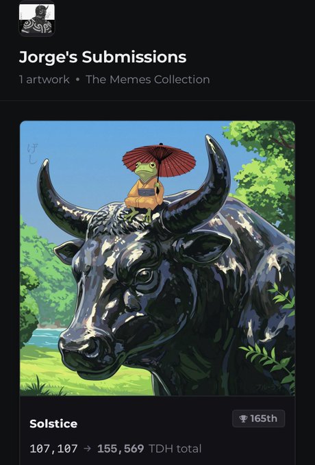 A digital artwork submission titled 'Solstice' displayed on a profile page labeled 'Jorge's Submissions' from 'The Memes Collection,' featuring a green frog holding a red parasol while riding a black bull, with text noting '107,107 → 155,569 TDH total' and '165th'.