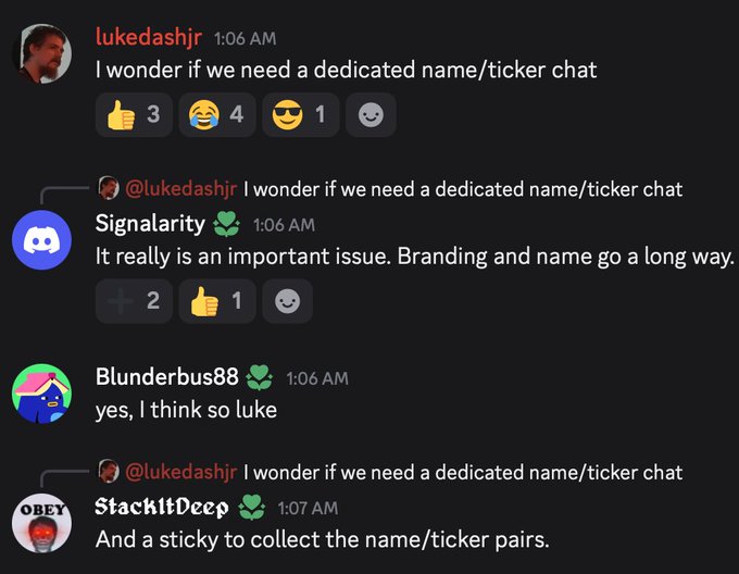 A Discord chat thread where user 'lukedashjr' asks 'I wonder if we need a dedicated name/ticker chat,' with replies from 'Singularity', 'Blunderbus88' (yes), and 'StachItDeep' (suggesting a sticky to collect name/ticker pairs).