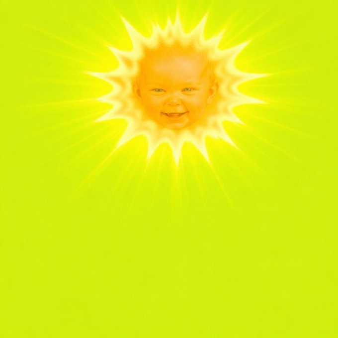 A bright yellow background featuring a baby's smiling face surrounded by a glowing, sun-like burst pattern, parodying the Teletubbies sun.