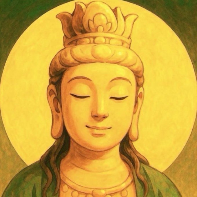 A serene painting of a Buddha-like figure with closed eyes, a golden crown, and a radiant yellow halo, symbolizing inner calm and transcendence amid the speculative chaos of Bitcoin's projected bull-and-bust cycle toward a new all-time high in 2027.