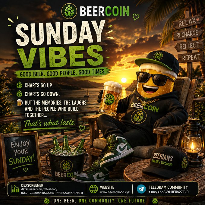 A promotional graphic for 'BEERCOIN' featuring a beer mascot character with sunglasses and a cap, with text reading 'SUNDAY VIBES' and 'GOOD BEER. GOOD PEOPLE. GOOD TIMES.' along with contact details.