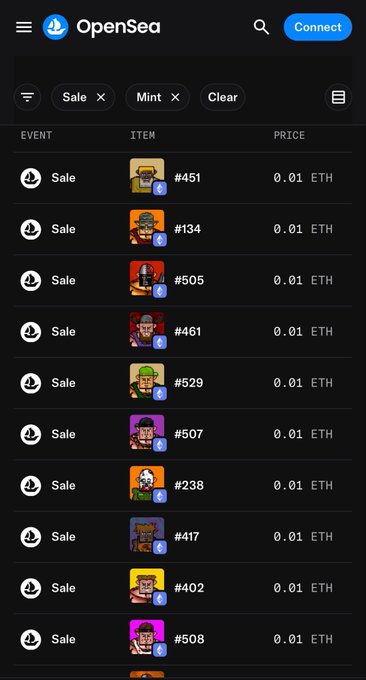 A screenshot of the OpenSea mobile app showing a list of NFT sales at 0.01 ETH each, featuring various pixel art character collectibles numbered #451, #134, #505, #461, #529, #507, #238, #417, #402, and #508.