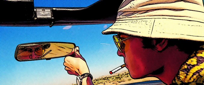 An illustrated scene of a person in a bucket hat smoking a cigarette while checking their reflection in a car's rearview mirror.