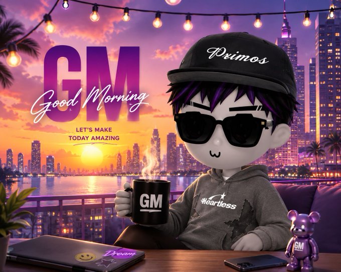 A vibrant 'GM (Good Morning)' themed digital illustration featuring a cartoon character wearing a 'Primos' cap and sunglasses, holding a coffee mug, with a purple sunset cityscape and Bearbrick-style figures in the background.