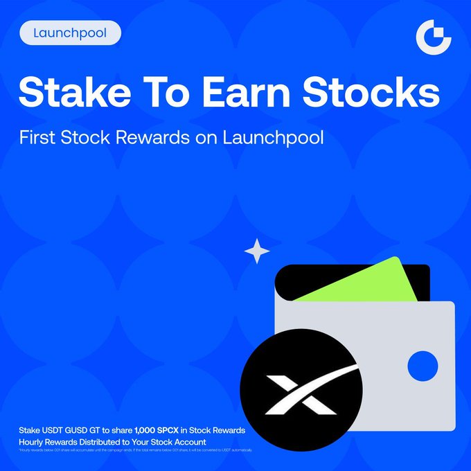 A Gate.io Launchpool promotional graphic in blue announces "Stake To Earn Stocks - First Stock Rewards on Launchpool," inviting users to stake USDT, GUSD, or GT tokens to share in 1,000 SPCX stock rewards distributed hourly. The design features an illustration of a wallet with a green card alongside the SPCX token logo, visually reinforcing the post's message about earning real stock rewards through crypto staking.