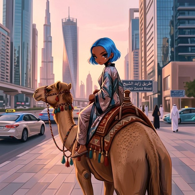 A stylized digital illustration of a blue-haired anime-style character riding a decorated camel in a modern city street, with a street sign reading 'Sheikh Zayed Road' in both English and Arabic.