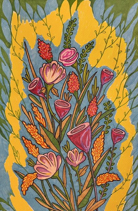 A colorful folk-art style illustration of a floral bouquet featuring pink tulip-like flowers, red calla lilies, and orange wheat stalks with green leaves, set against a blue background with yellow vertical accents.