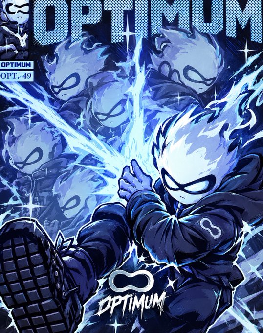 Anime-style fan art titled 'OPTIMUM' and 'OPT. 49' depicting a blue-glowing masked character in dynamic action poses with multiple afterimages.