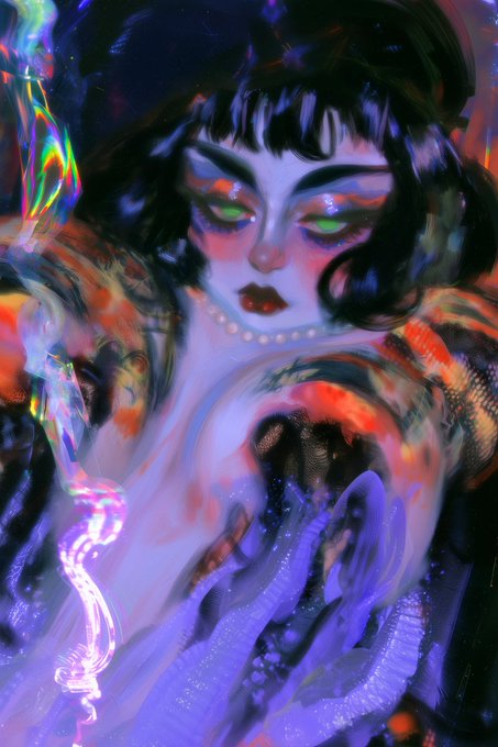 A vibrant digital artwork features a stylized female figure with bold makeup, pearl necklace, and dark bob hair, surrounded by swirling purple and blue tones.