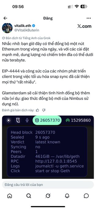 Screenshot of an X.com post by Vitalik Buterin (@VitalikButerin) in Vietnamese, discussing Ethereum client sync improvements including EIP-4444 and Glamsterdam, referencing 'Nimbus', with a terminal output showing 'Head block 26057370'.