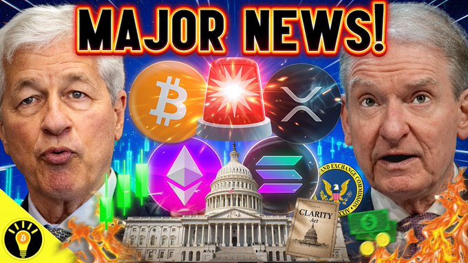 A YouTube thumbnail with bold "MAJOR NEWS!" text features two political figures flanking cryptocurrency icons (Bitcoin, XRP, Ethereum, Solana), a flashing police siren, the U.S. Capitol building, and the SEC seal, visually representing the post's breaking coverage of the Clarity Act, crypto ETFs, and regulatory developments.