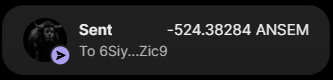 A screenshot of a transaction confirmation showing "Sent −524.38284 ANSEM To 6Siy...Zic9," which serves as proof of the airdrop giveaway mentioned in the accompanying post. The image visually validates the claim of sending $100 worth of the ANSEM token to one of the randomly selected recipients.