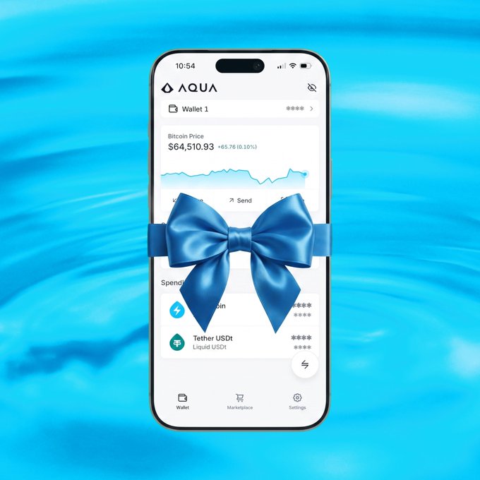 Promotional image showing a smartphone displaying the AQUA crypto wallet app with a Bitcoin price chart and a large blue ribbon/bow wrapped around the phone against a water background.