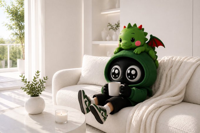 A black character in a green dinosaur hoodie sits on a white couch holding a mug, with a green plush dragon perched on their head, in a bright modern living room.