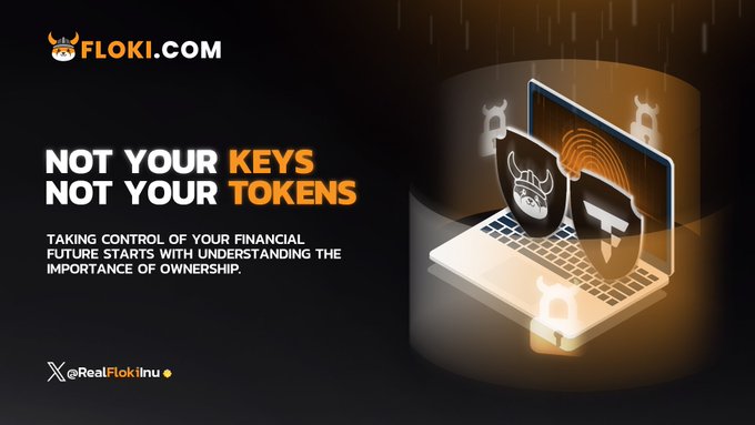 The image is a promotional graphic from FLOKI.COM featuring a laptop displaying the Floki logo and sunglasses, surrounded by lock and key icons to symbolize wallet security. Bold text reads "NOT YOUR KEYS, NOT YOUR TOKENS," with a tagline about taking control of your financial future through ownership, reinforcing the post's message about the importance of self-custody for $FLOKI tokens.